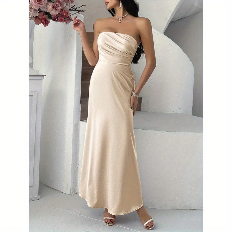 Women's Slimming Strapless Evening Dress - 65% Rayon Blend Stretchy Pull-On Long Gown, Machine Washable Solid Color Formal Party Wedding Guest Dress for Spring Summer 2025, Dresses for Wedding